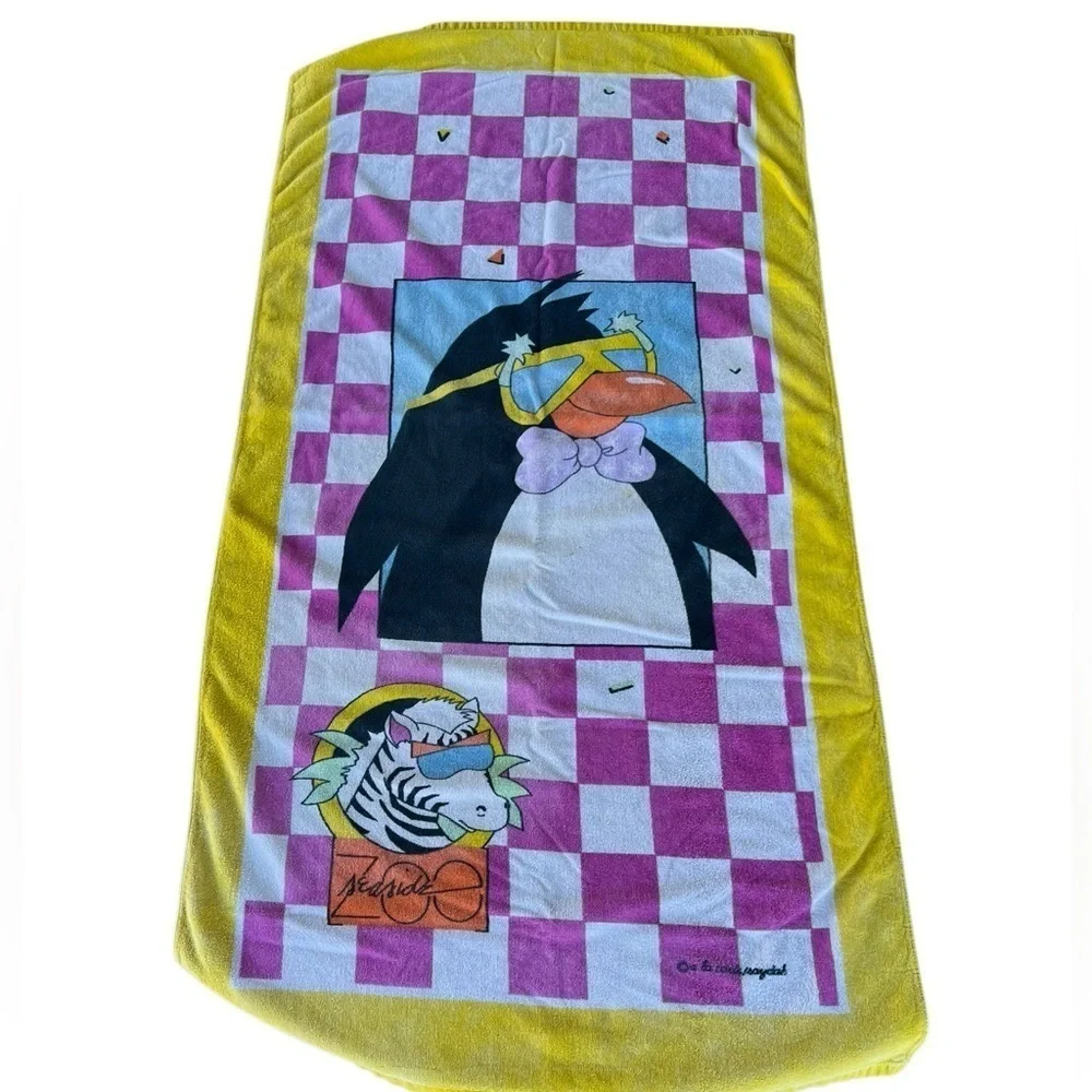 VTG 90s Seaside Zoo Checkered Beach Towel A La Carte Saydah Surf Penguin Zebra